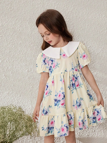 Young Girls' Pastoral Vacation Purple Floral Colorblock Collared Dress