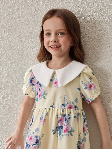 Young Girls' Pastoral Vacation Purple Floral Colorblock Collared Dress