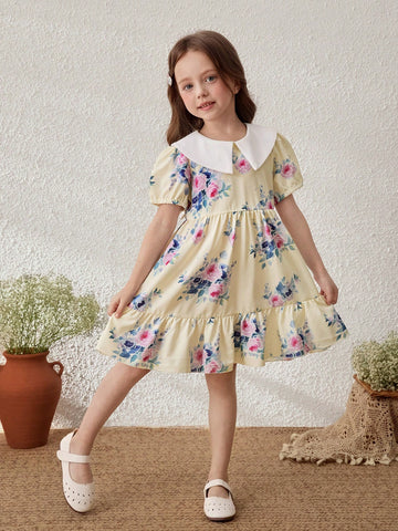 Young Girls' Pastoral Vacation Purple Floral Colorblock Collared Dress