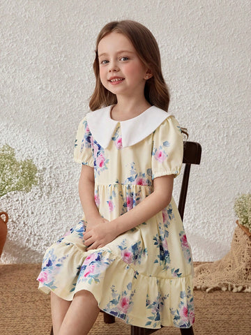 Young Girls' Pastoral Vacation Purple Floral Colorblock Collared Dress