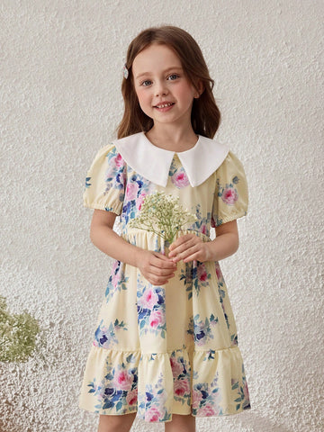 Young Girls' Pastoral Vacation Purple Floral Colorblock Collared Dress