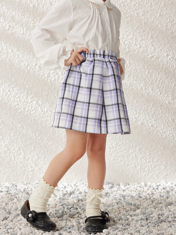 Blossori Young Girls Pleated Purple Plaid Flared Skirt With Elastic Waistband, Autumn/Winter