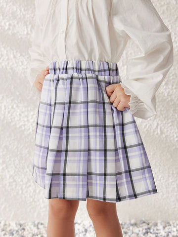 Blossori Young Girls Pleated Purple Plaid Flared Skirt With Elastic Waistband, Autumn/Winter