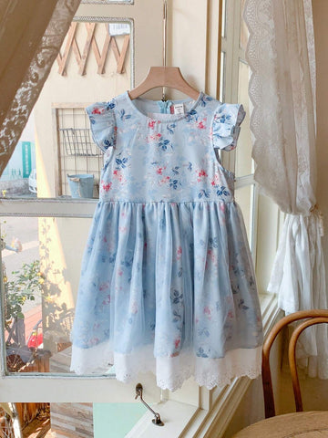 Blossori Young Girls Spring/Summer French Elegant Blue Floral Woven Patchwork Mesh Waisted A-Line Tank Dress
