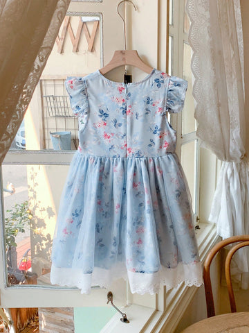 Blossori Young Girls Spring/Summer French Elegant Blue Floral Woven Patchwork Mesh Waisted A-Line Tank Dress