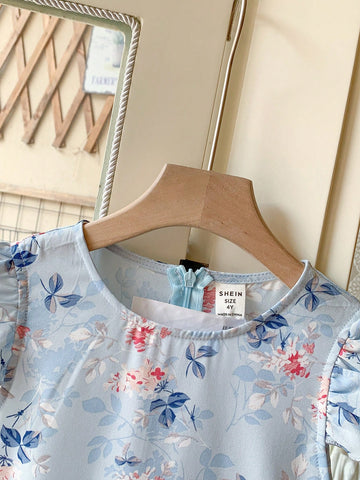 Blossori Young Girls Spring/Summer French Elegant Blue Floral Woven Patchwork Mesh Waisted A-Line Tank Dress