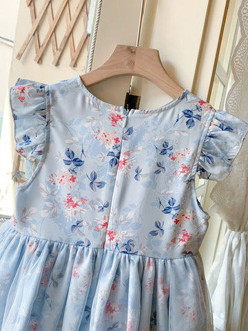 Blossori Young Girls Spring/Summer French Elegant Blue Floral Woven Patchwork Mesh Waisted A-Line Tank Dress