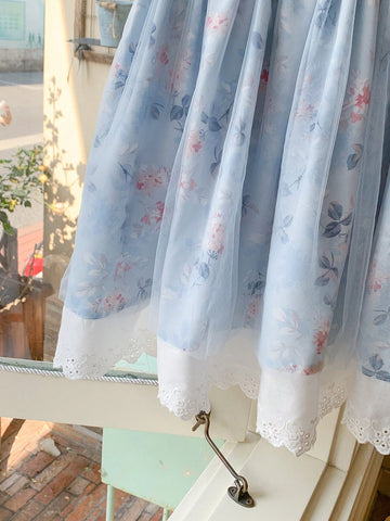 Blossori Young Girls Spring/Summer French Elegant Blue Floral Woven Patchwork Mesh Waisted A-Line Tank Dress