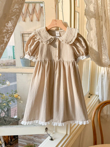 Blossori Young Girls Spring/Summer French Elegant Ruffled Collar Khaki Dress
