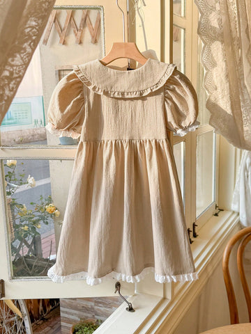 Blossori Young Girls Spring/Summer French Elegant Ruffled Collar Khaki Dress