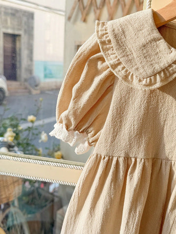 Blossori Young Girls Spring/Summer French Elegant Ruffled Collar Khaki Dress