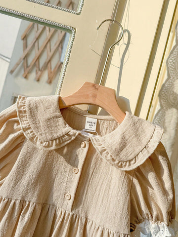 Blossori Young Girls Spring/Summer French Elegant Ruffled Collar Khaki Dress