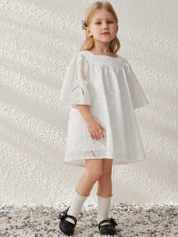 Blossori Young Girls Spring/Summer French Elegant White Woven Loose Round Neck Dress