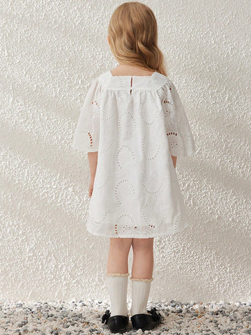 Blossori Young Girls Spring/Summer French Elegant White Woven Loose Round Neck Dress