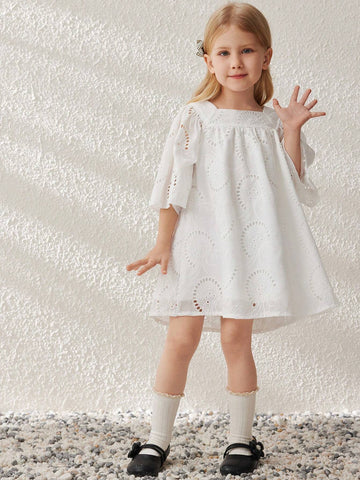 Blossori Young Girls Spring/Summer French Elegant White Woven Loose Round Neck Dress