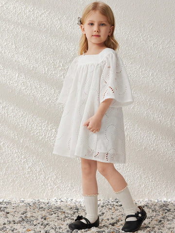 Blossori Young Girls Spring/Summer French Elegant White Woven Loose Round Neck Dress