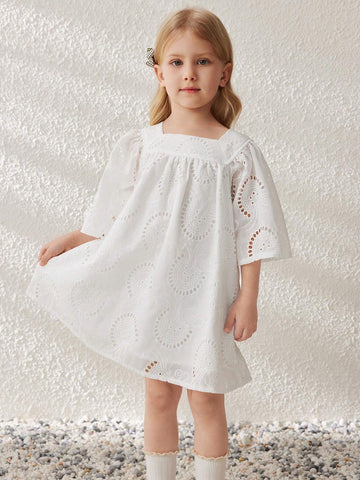 Blossori Young Girls Spring/Summer French Elegant White Woven Loose Round Neck Dress