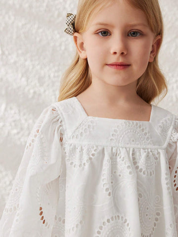 Blossori Young Girls Spring/Summer French Elegant White Woven Loose Round Neck Dress