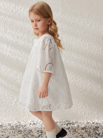 Blossori Young Girls Spring/Summer French Elegant White Woven Loose Round Neck Dress