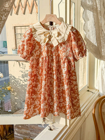 Blossori Young Girls' Spring & Summer French Elegant Orange Floral Print Pleated Collar Dress