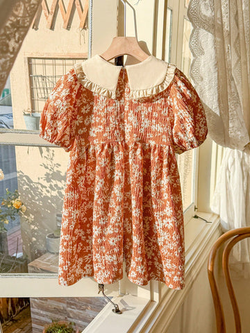 Blossori Young Girls' Spring & Summer French Elegant Orange Floral Print Pleated Collar Dress
