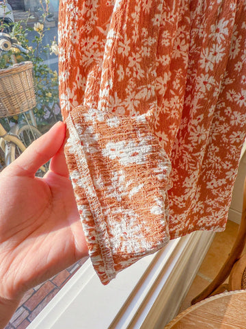 Blossori Young Girls' Spring & Summer French Elegant Orange Floral Print Pleated Collar Dress