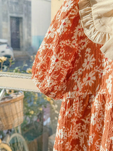Blossori Young Girls' Spring & Summer French Elegant Orange Floral Print Pleated Collar Dress