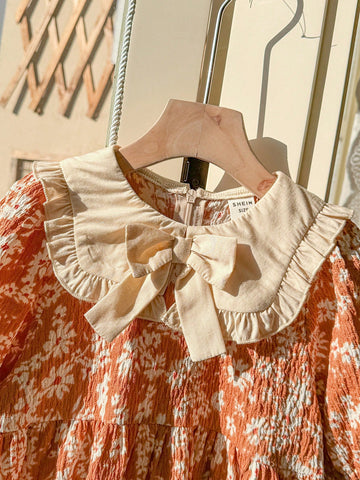 Blossori Young Girls' Spring & Summer French Elegant Orange Floral Print Pleated Collar Dress