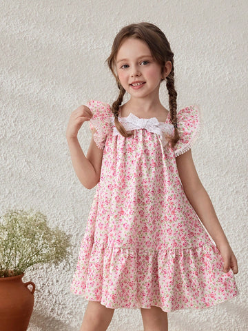 Young Girl's Sweet Ditsy Floral Ruffle Sleeve Dress, Summer