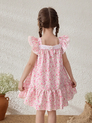 Young Girl's Sweet Ditsy Floral Ruffle Sleeve Dress, Summer