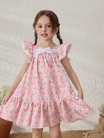 Young Girl's Sweet Ditsy Floral Ruffle Sleeve Dress, Summer