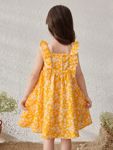 Young Girls' Yellow Ditsy Floral Ruffle Sleeve Pinafore Dress