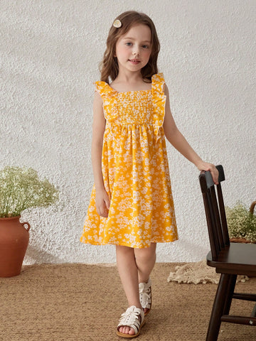 Young Girls' Yellow Ditsy Floral Ruffle Sleeve Pinafore Dress