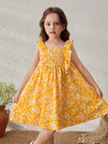 Young Girls' Yellow Ditsy Floral Ruffle Sleeve Pinafore Dress