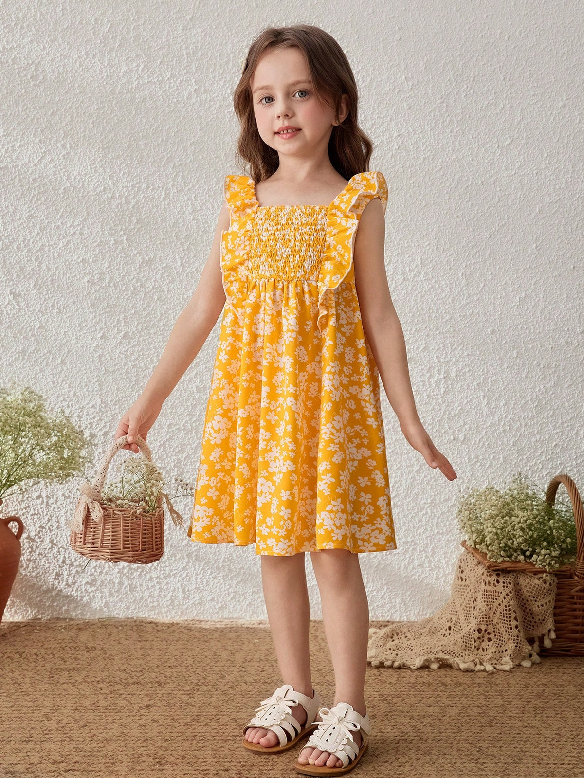Young Girls' Yellow Ditsy Floral Ruffle Sleeve Pinafore Dress