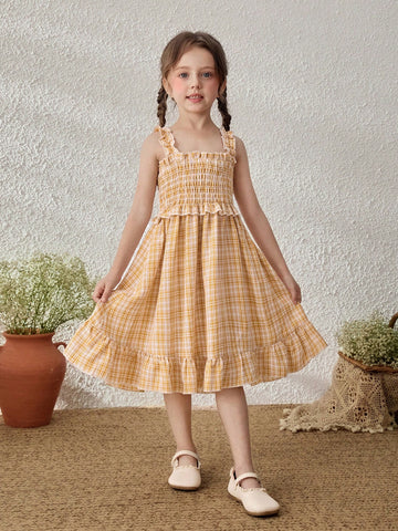 Young Girls Yellow Plaid Suspender Dress
