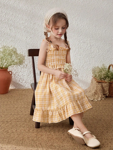 Young Girls Yellow Plaid Suspender Dress