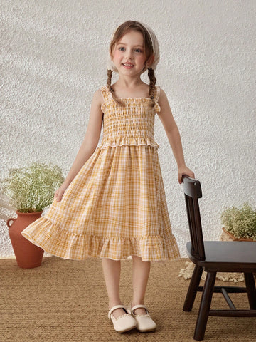 Young Girls Yellow Plaid Suspender Dress