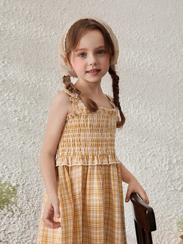 Young Girls Yellow Plaid Suspender Dress