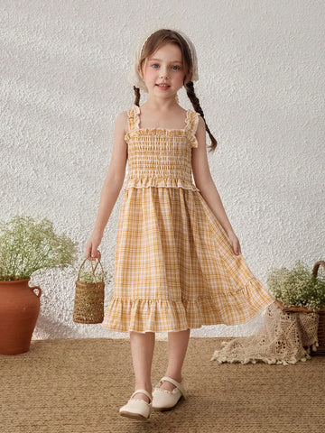 Young Girls Yellow Plaid Suspender Dress