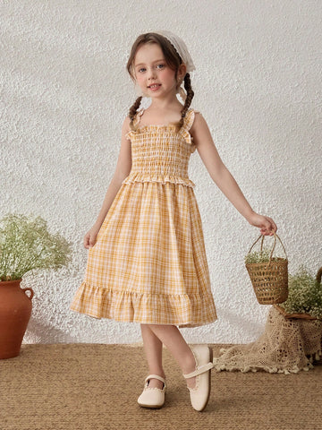 Young Girls Yellow Plaid Suspender Dress