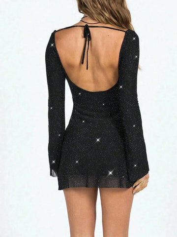 Blouse With Flare Sleeves, Backless With Tie, Casual Mini Dress