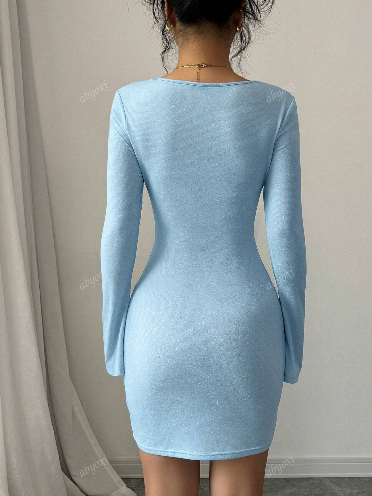 Blue Color Sexy V-Neck Front Cutout Bell Long Sleeve Slim Fit Mini Dress,Casual,Romantic,Simple,Elegant,Fantasy,Party,Hot Girl,Dating,Glossy Fabric,Glamorous,Fashionable,Autumn And Winter New Women's Clothing