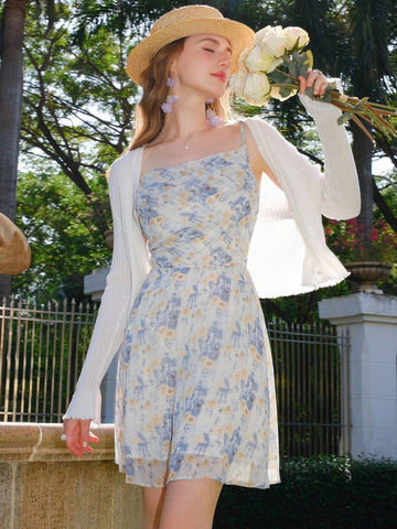 Blue Draped Neck Ditsy Floral Spaghetti Strap Dress For Women, Retro, Gentle, Sexy, Waist Exposed, Short