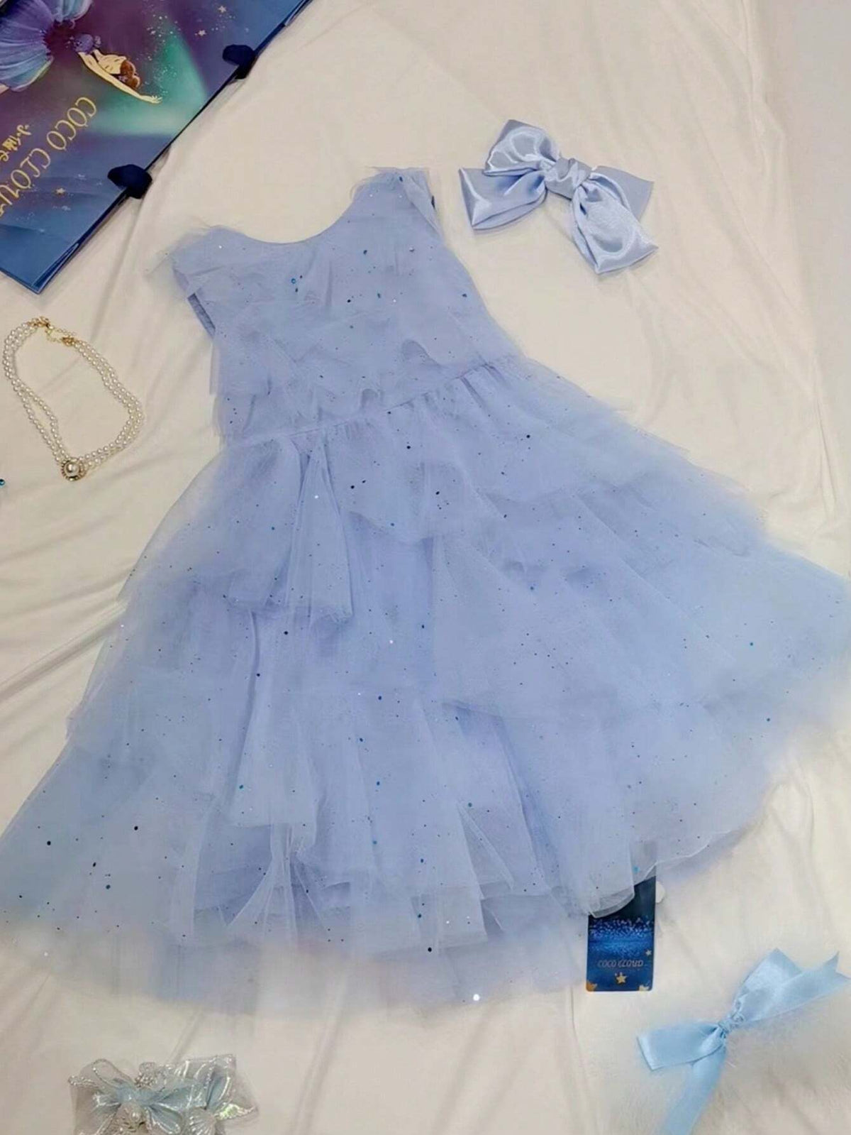 Blue Pearl Buttoned Frilled Layered Dress For Girls, Summer