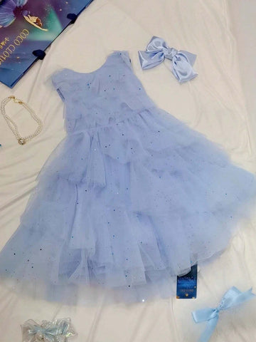Blue Pearl Buttoned Frilled Layered Dress For Girls, Summer
