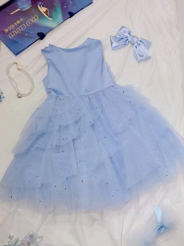 Blue Pearl Buttoned Frilled Layered Dress For Girls, Summer