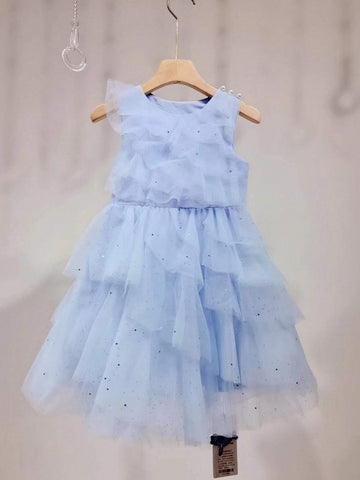 Blue Pearl Buttoned Frilled Layered Dress For Girls, Summer