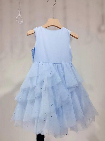 Blue Pearl Buttoned Frilled Layered Dress For Girls, Summer