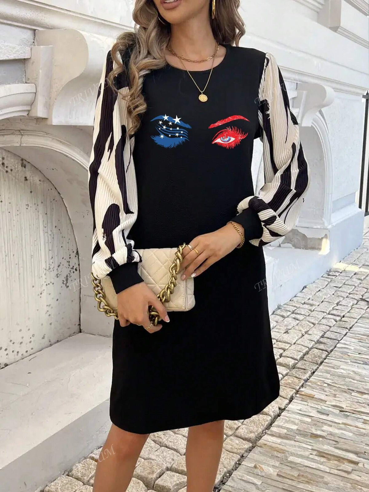 Blue Red-Eye Print Pattern, Casual Crew-Neck Long-Sleeved Dress, Autumn Women's Wear